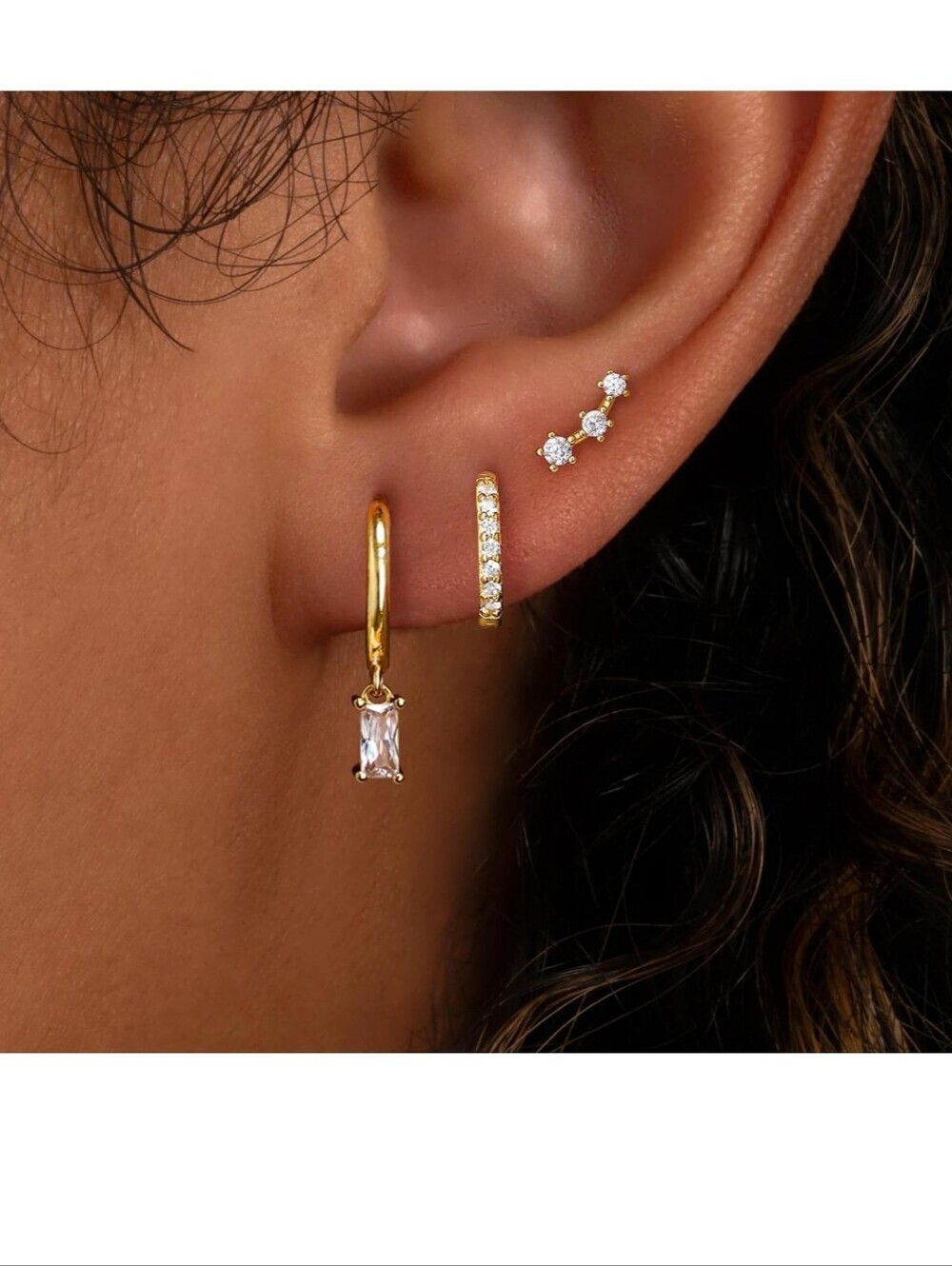 Gold Silver Hoop Earrings with Rectangular Clear Gem - Women's Jewelry